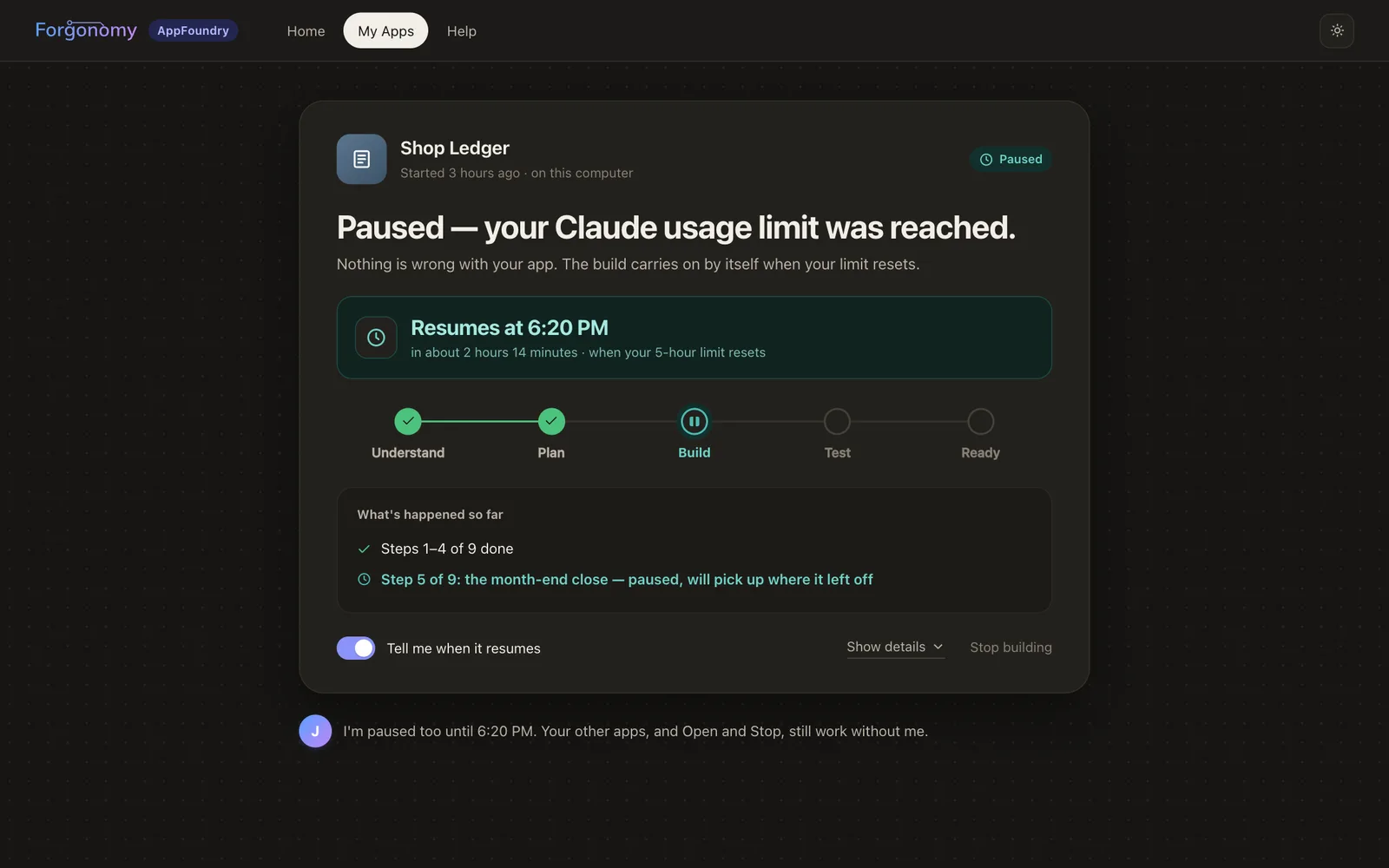 因达到 Claude 用量上限而暂停的构建，已设置为自动继续